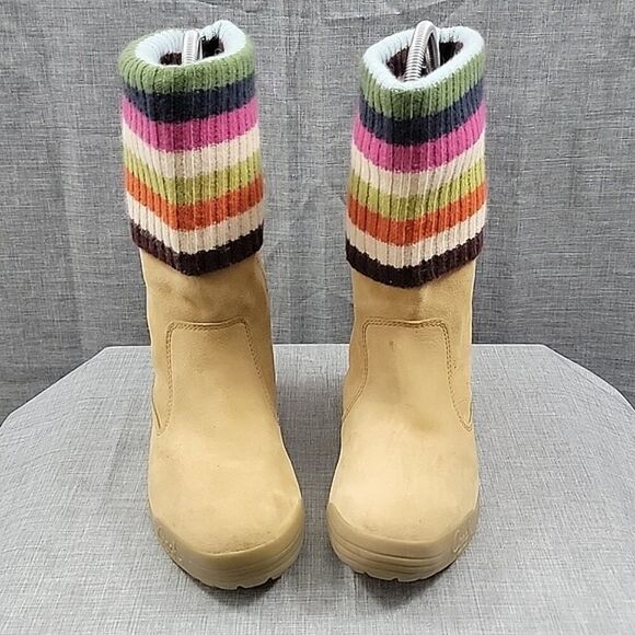 Coach Tatum Suede Wool Beige / Multicolor Striped Knit Boots Women's SZ 7.5 - Picture 2 of 12